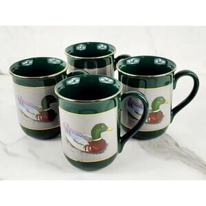 Otagiri Mallard Duck Coffee Mug Teacup 9oz Green Gold Trim Gibson 4" Japan x4